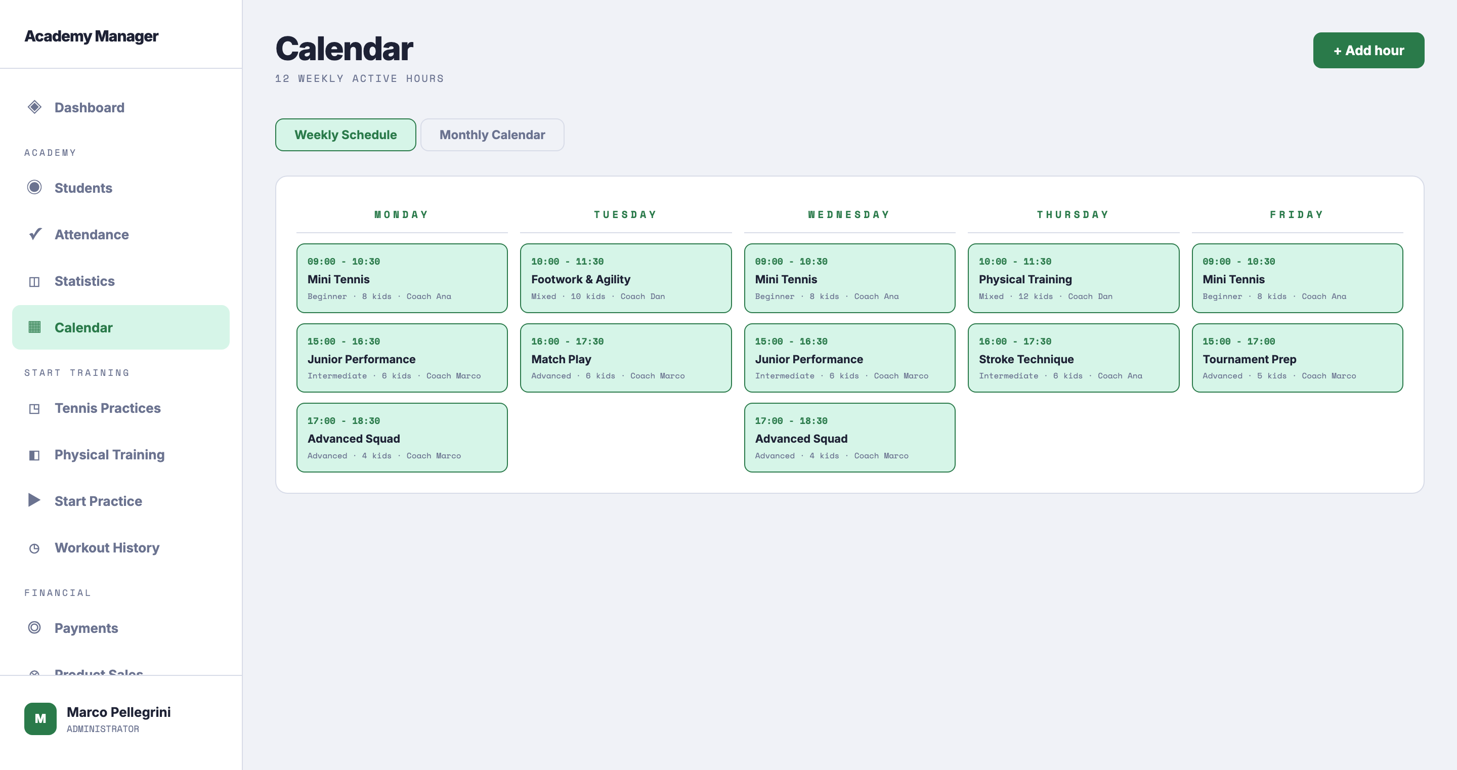 Weekly calendar view