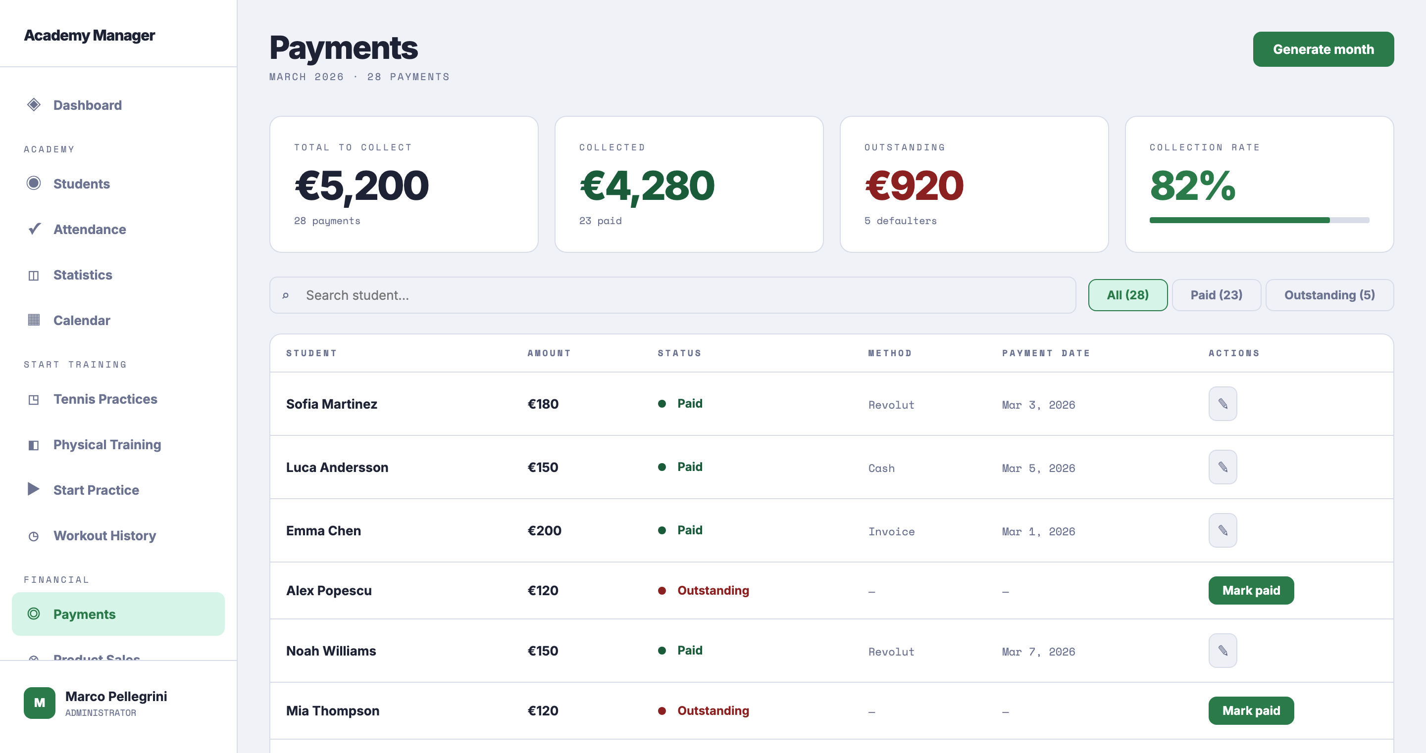 Payment tracking view